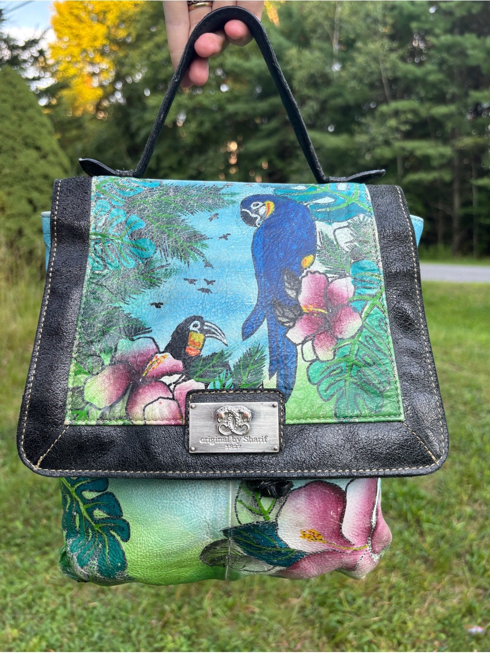 Original by Sharif 1827 Hand-Painted Tropical Leather Backpack Rare Vintage